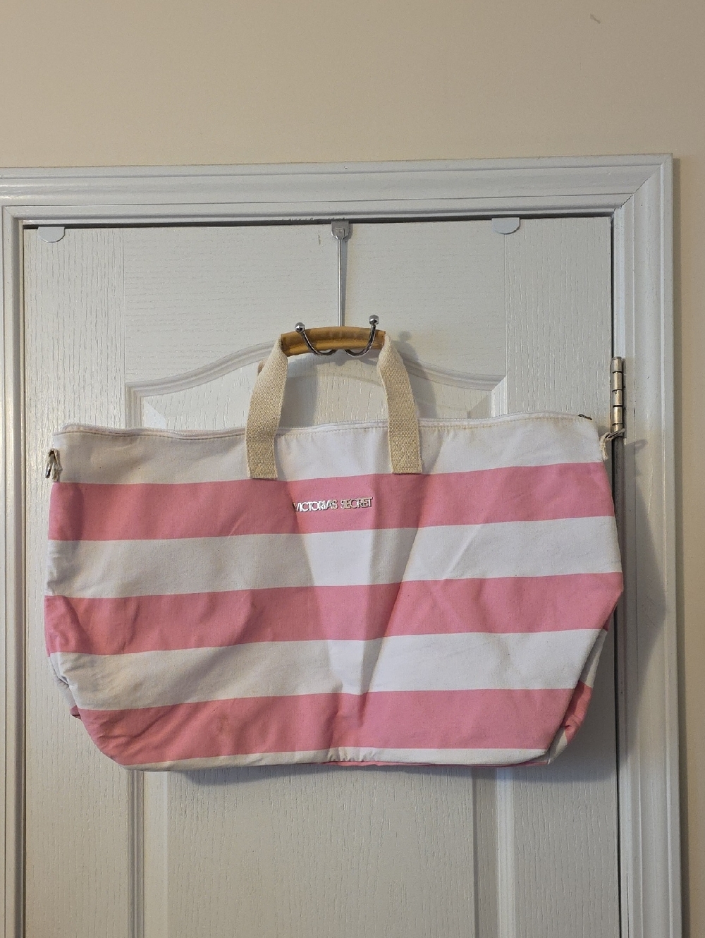 Victoria's Secret Pink & White Striped Canvas Tote Bag